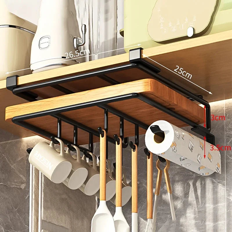 Kitchen Hanging Organizer Rack with Hooks Under Cupboard Paper Towel Rags