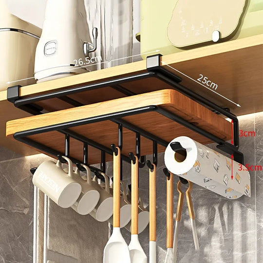 Kitchen Hanging Organizer Rack with Hooks Under Cupboard Paper Towel Rags