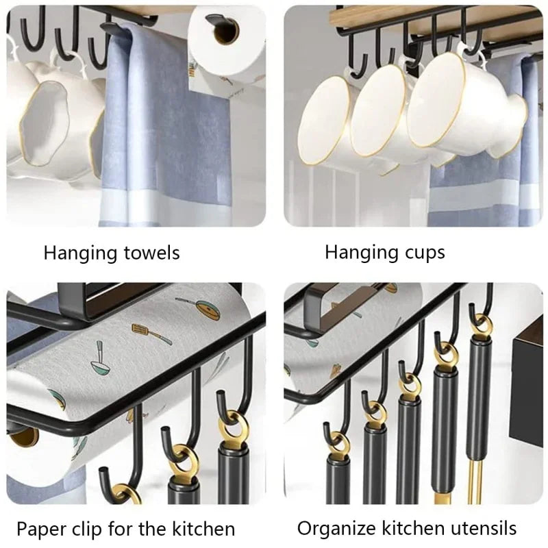 Kitchen Under Cupboard Hanging Organizer Rack with Hook Paper Towel Rags
