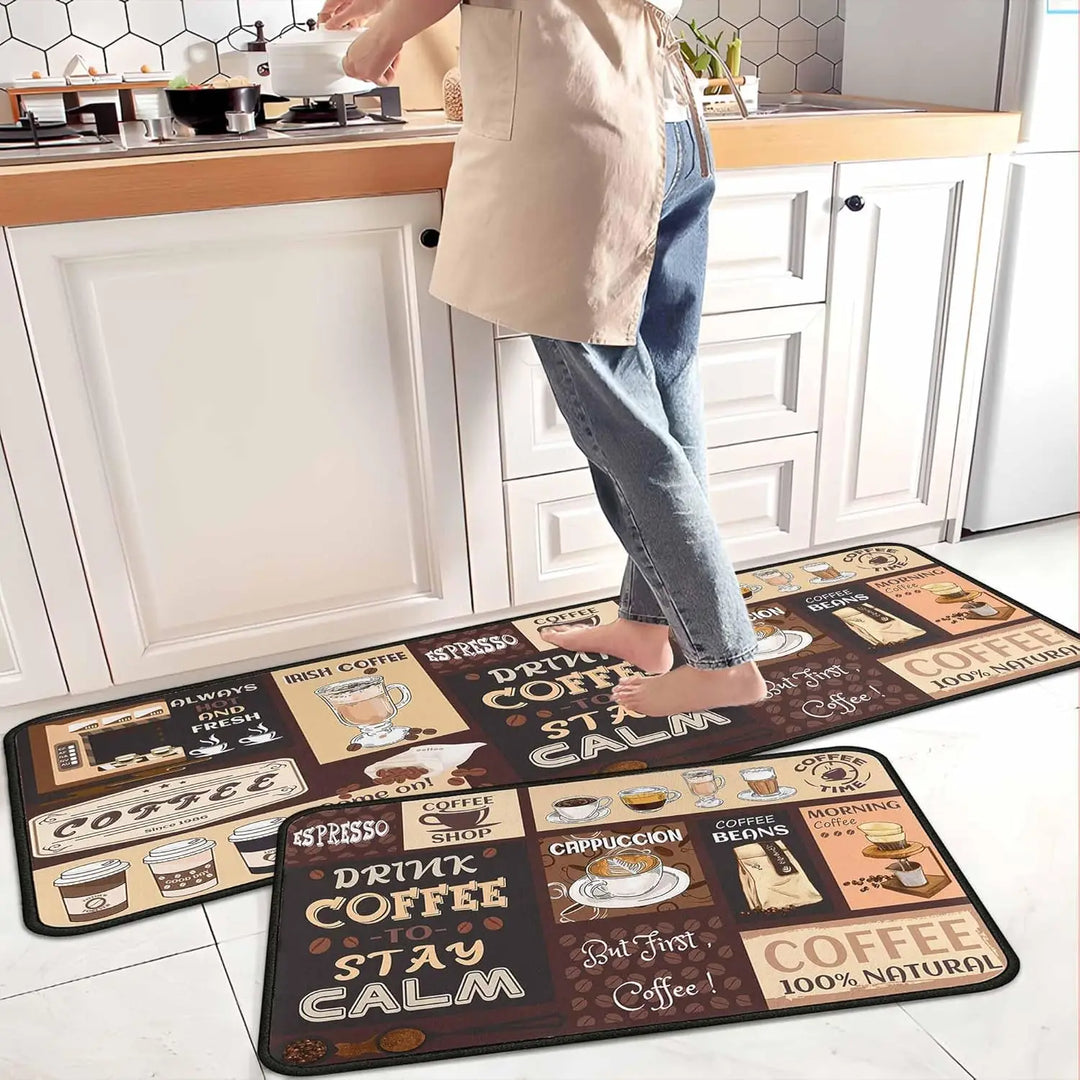 2PC Coffee Kitchen Rugs and Mats Non-Slip Washable Stain and Fade Resistant