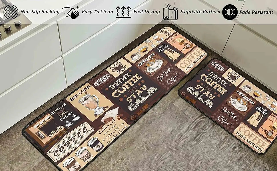 2PC Coffee Kitchen Rugs and Mats Non-Slip Washable Stain and Fade Resistant