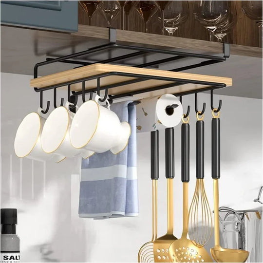 Kitchen Under Cupboard Hanging Organizer Rack with Hook Paper Towel Rags