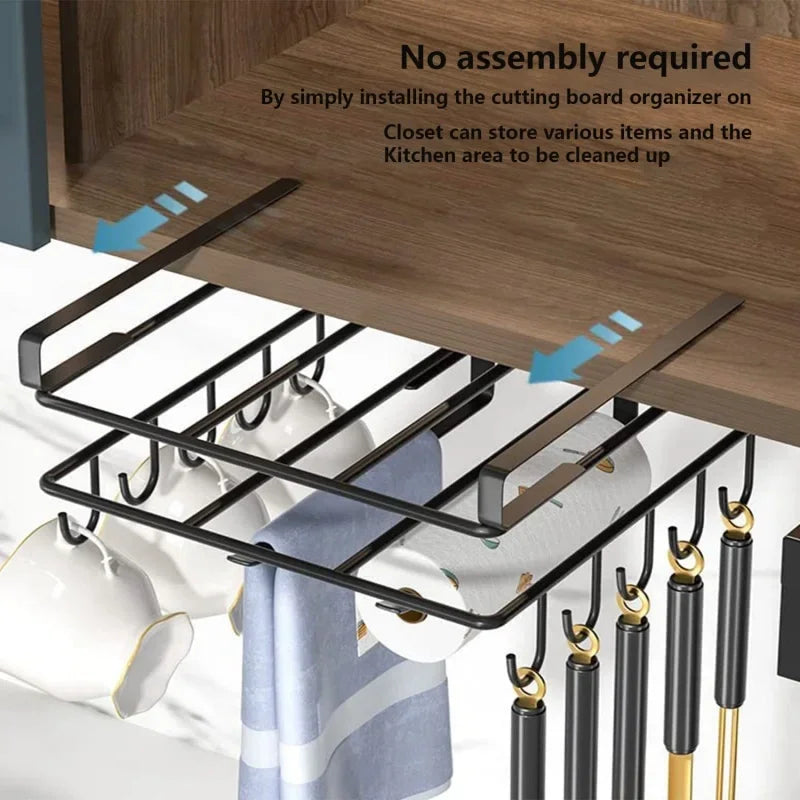 Kitchen Under Cupboard Hanging Organizer Rack with Hook Paper Towel Rags