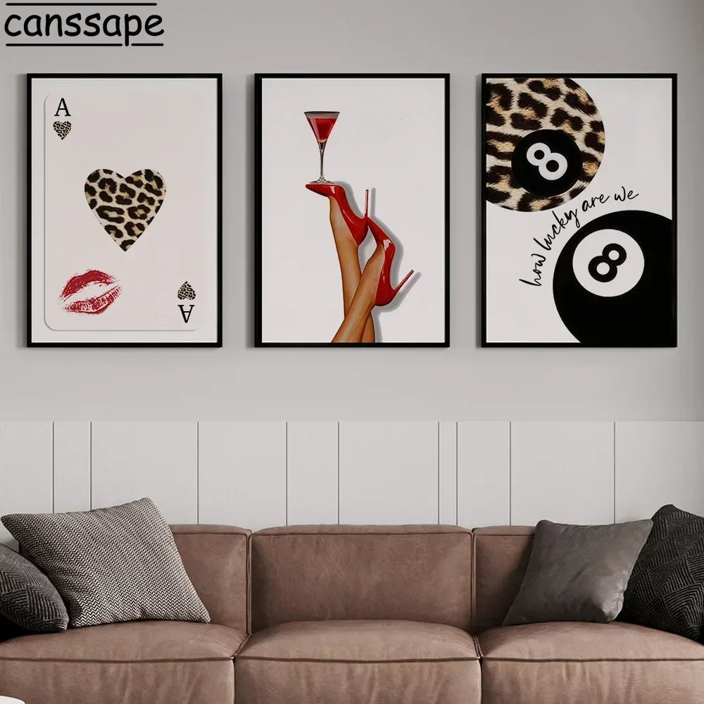 Cards Posters Lucky 8 Leopard Wall arts  High Heels Cocktail Print Picture