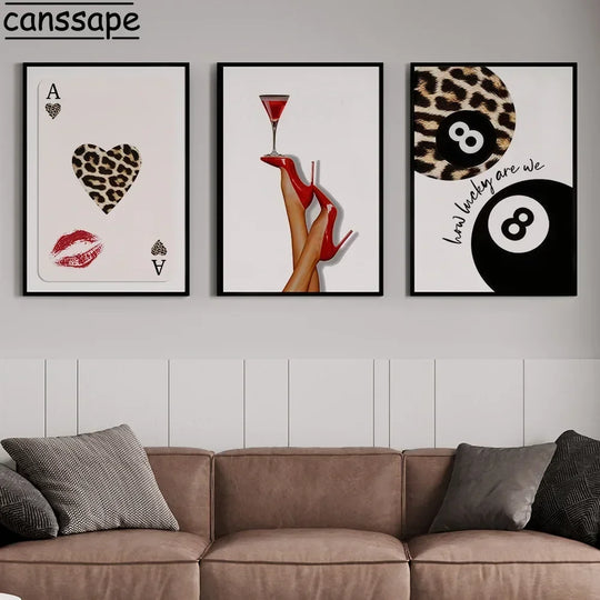 Cards Posters Lucky 8 Leopard Wall arts  High Heels Cocktail Print Picture