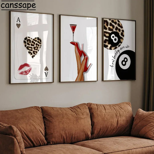 Cards Posters Lucky 8 Leopard Wall arts  High Heels Cocktail Print Picture