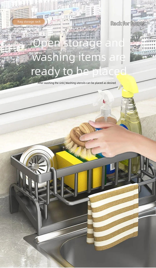 Kitchen Spice Storage Shelf with Drainage Rack, Installation Sink Organizer, Tap-Mounted Shelf for Home Kitchen Accessories