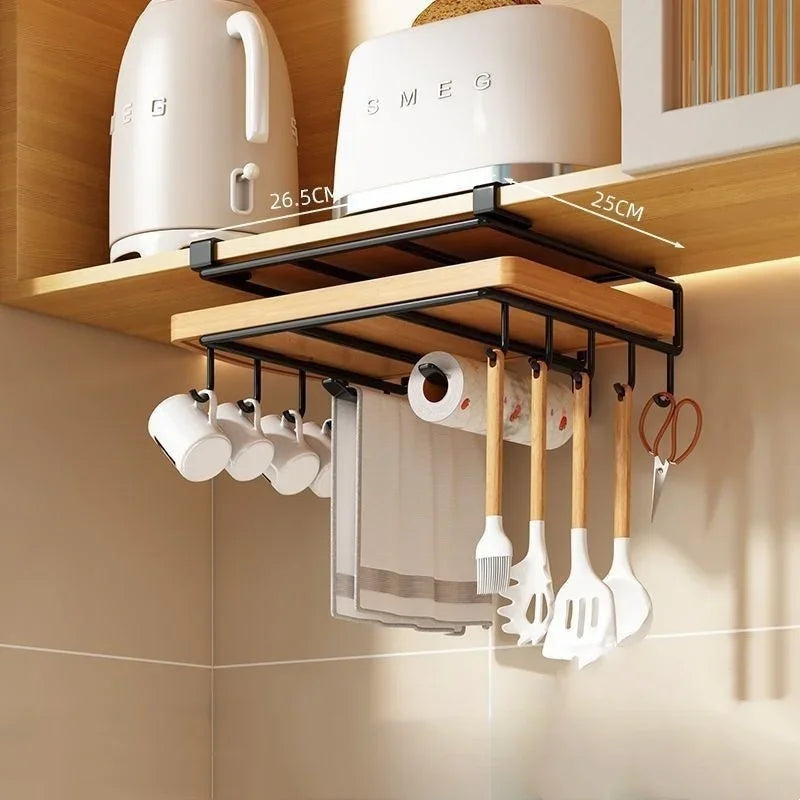 Kitchen Under Cupboard Hanging Organizer Rack with Hook Paper Towel Rags