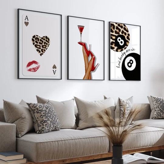Cards Posters Lucky 8 Leopard Wall arts  High Heels Cocktail Print Picture