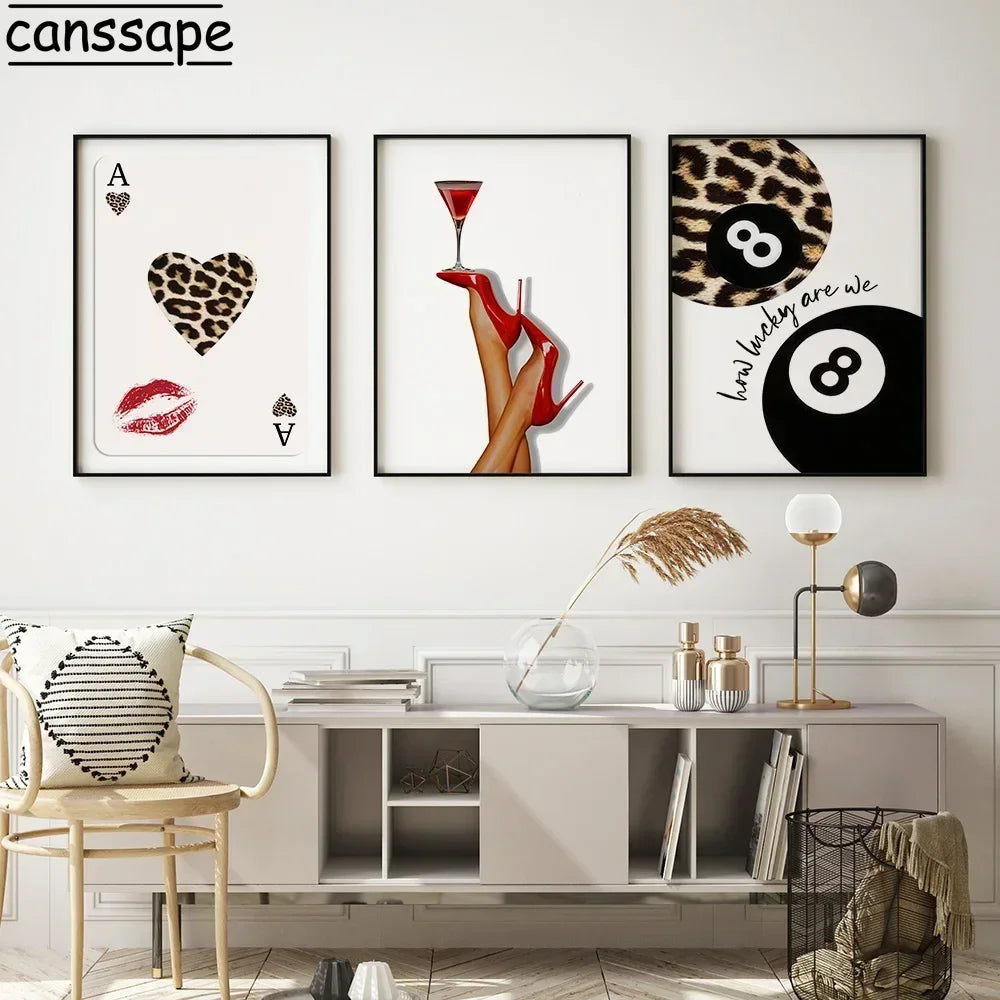 Cards Posters Lucky 8 Leopard Wall arts  High Heels Cocktail Print Picture