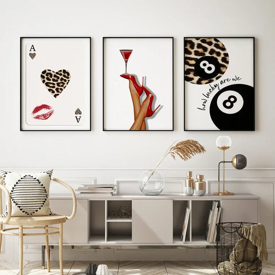 Cards Posters Lucky 8 Leopard Wall arts  High Heels Cocktail Print Picture