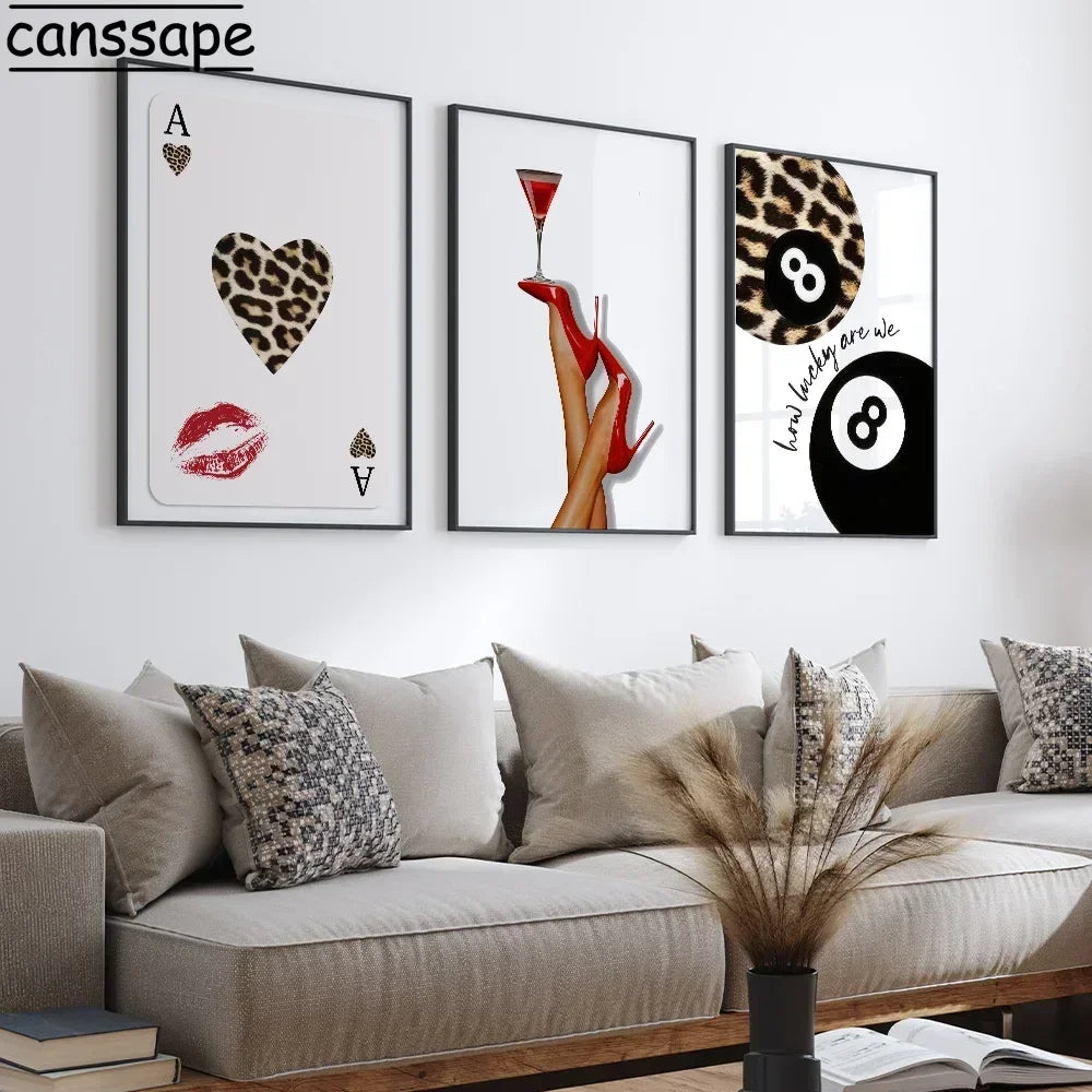 Cards Posters Lucky 8 Leopard Wall arts  High Heels Cocktail Print Picture