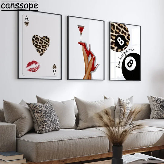 Cards Posters Lucky 8 Leopard Wall arts  High Heels Cocktail Print Picture