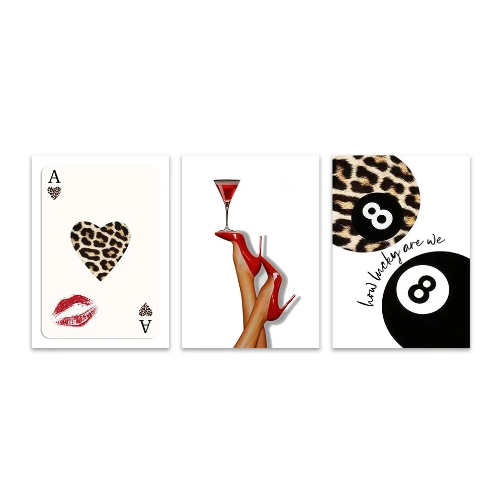 Cards Posters Lucky 8 Leopard Wall arts  High Heels Cocktail Print Picture