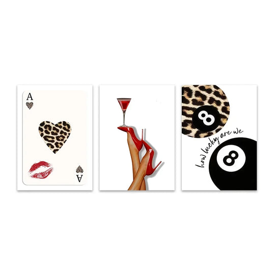 Cards Posters Lucky 8 Leopard Wall arts  High Heels Cocktail Print Picture