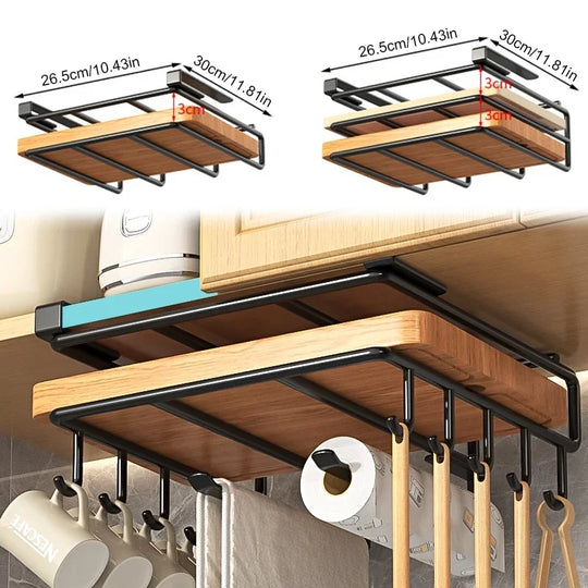 Kitchen Hanging Organizer Rack with Hooks Under Cupboard Paper Towel Rags